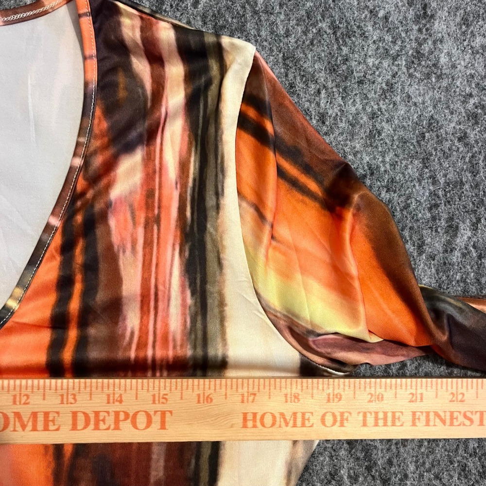 Abstract Stripe Maxi Dress Womens XL Orange Brown Long Sleeve Boho 70s Artsy - Picture 6 of 10